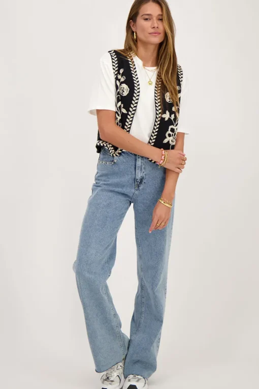 Zwart Gilet Met Crème Embroidery