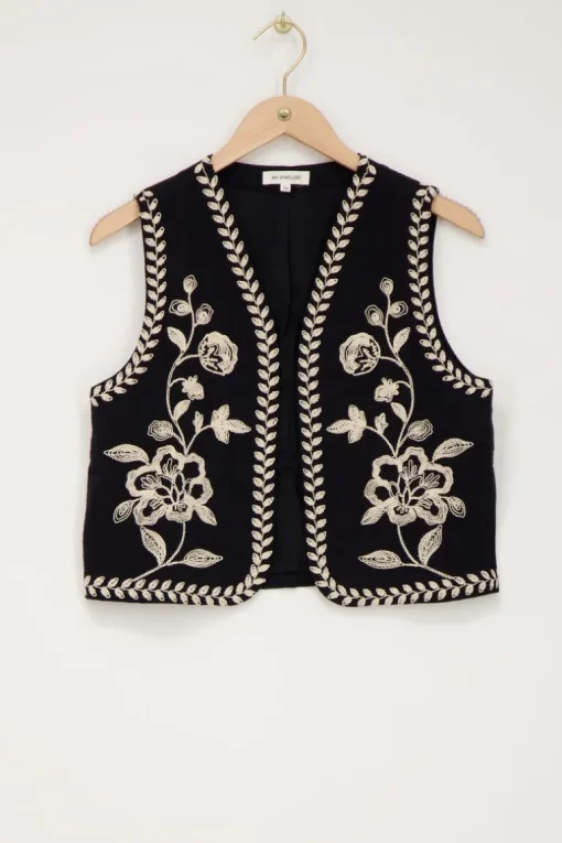Zwart Gilet Met Crème Embroidery