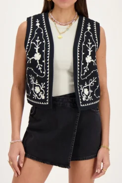 Zwart Mousseline Gilet Met Embroidery