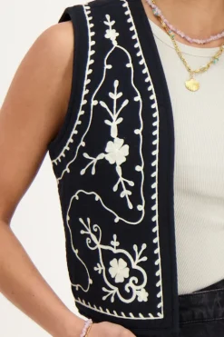 Zwart Mousseline Gilet Met Embroidery