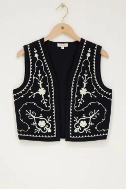 Zwart Mousseline Gilet Met Embroidery