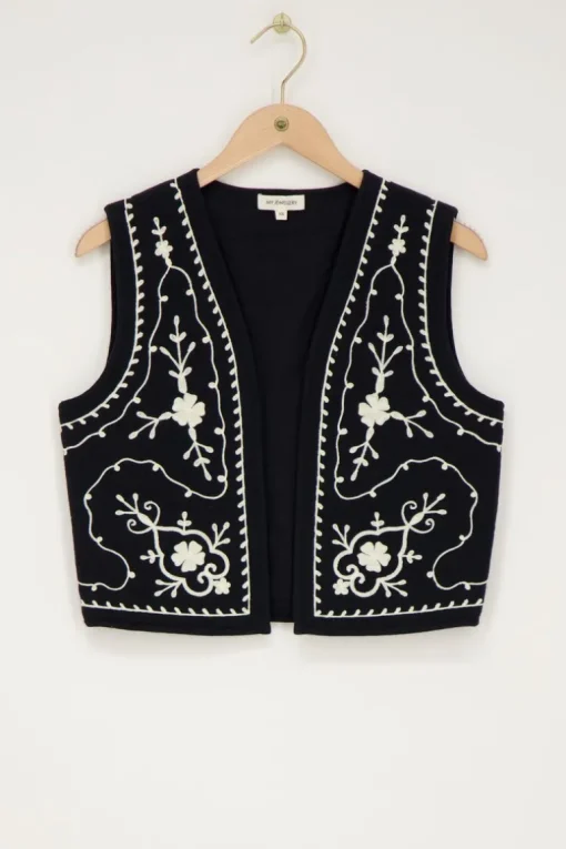 Zwart Mousseline Gilet Met Embroidery