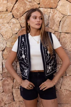 Zwart Mousseline Gilet Met Embroidery