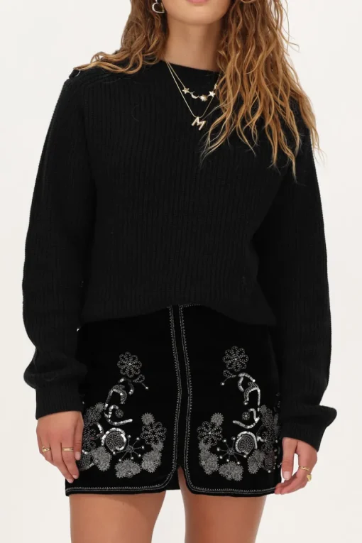 Zwart Velvet Rok Met Zilveren Embroidery