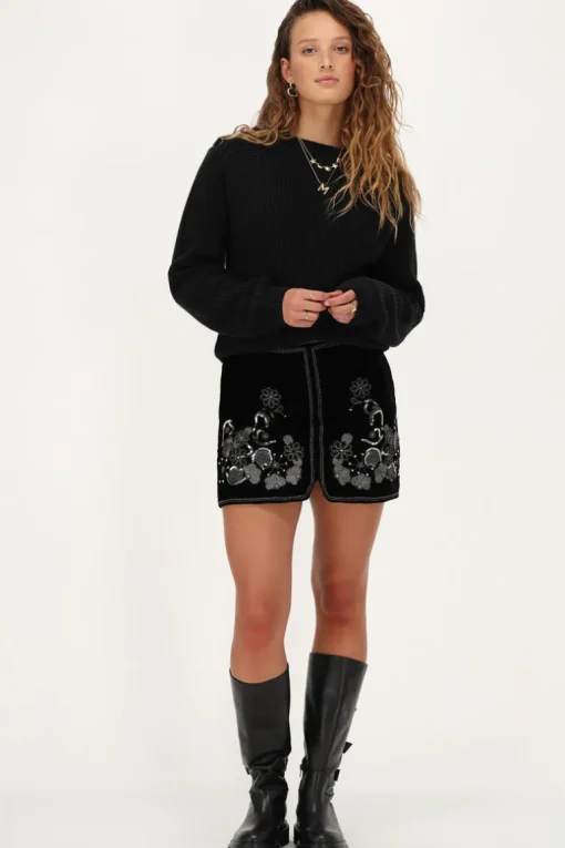 Zwart Velvet Rok Met Zilveren Embroidery