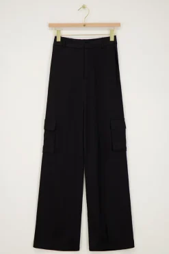 Zwarte Cargo Wide Leg Met Satijnen Look