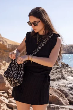Zwarte Crinkle Skort Met Overslag