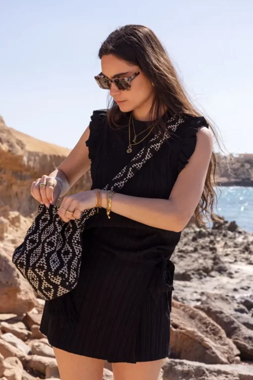 Zwarte Crinkle Skort Met Overslag