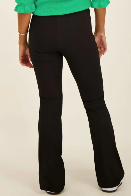 Zwarte Flared Broek Met Rib Structuur
