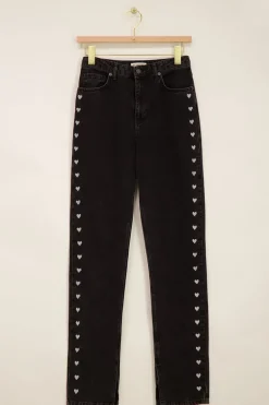 Zwarte Jeans Met Split & Hartjes Embroidery