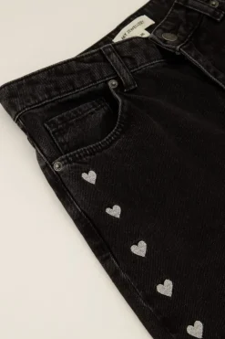 Zwarte Jeans Met Split & Hartjes Embroidery
