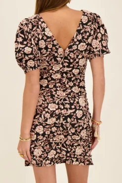 Zwarte Jurk Met Beige Bloemenprint & V-hals
