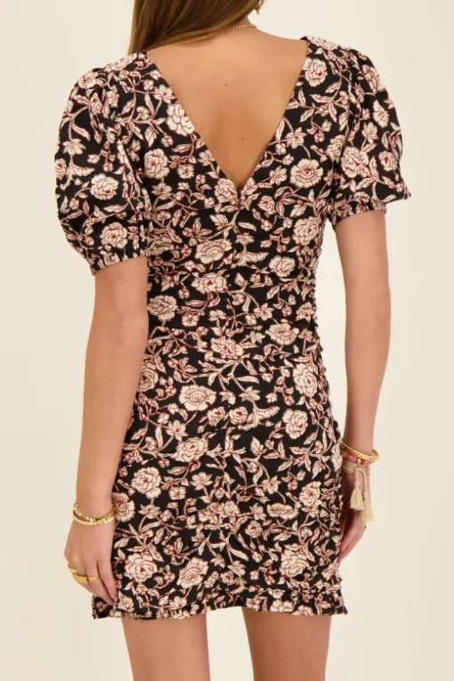 Zwarte Jurk Met Beige Bloemenprint & V-hals