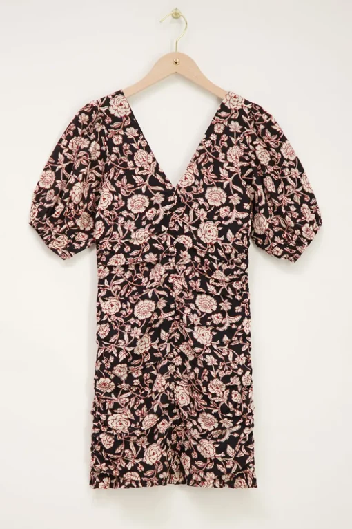 Zwarte Jurk Met Beige Bloemenprint & V-hals