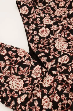 Zwarte Jurk Met Beige Bloemenprint & V-hals