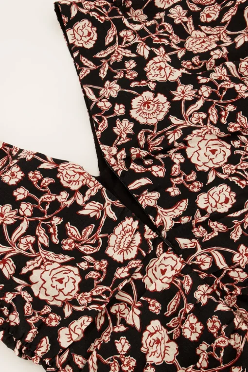 Zwarte Jurk Met Beige Bloemenprint & V-hals