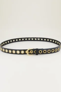 Zwarte Leren Riem Met Goudkleurige Ringen