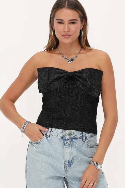 Zwarte Lurex Bandeau Top Met Strik