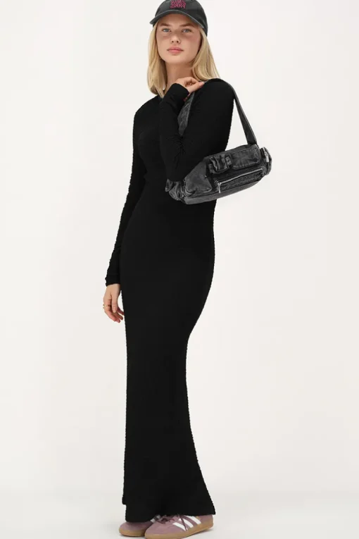 Zwarte Maxi Jurk Met Structuur & Split