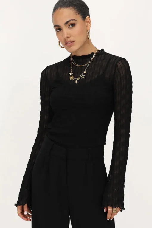 Zwarte Mesh Top Met Flared Mouwen & Structuur