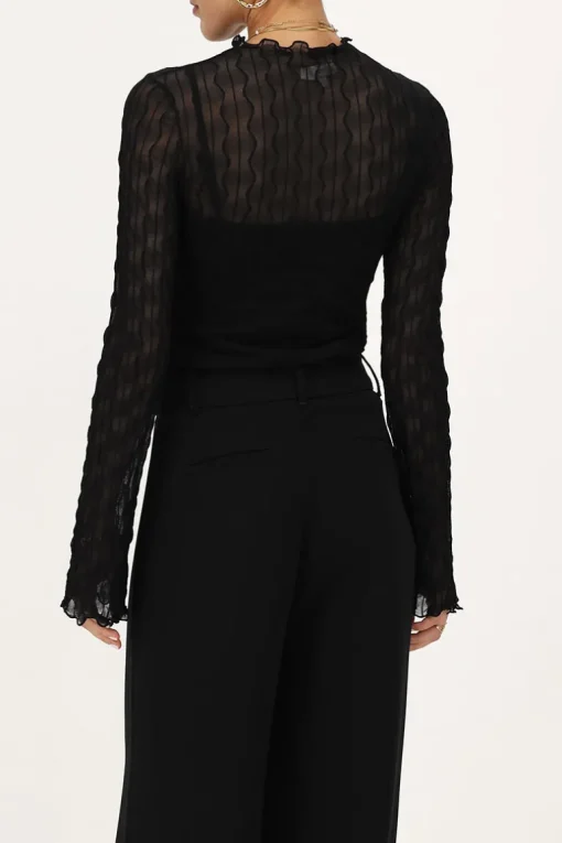 Zwarte Mesh Top Met Flared Mouwen & Structuur