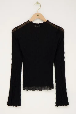 Zwarte Mesh Top Met Flared Mouwen & Structuur