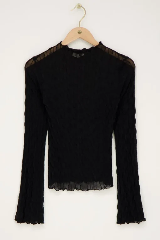 Zwarte Mesh Top Met Flared Mouwen & Structuur