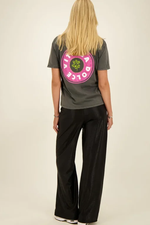 Zwarte Metallic Broek Wide Leg