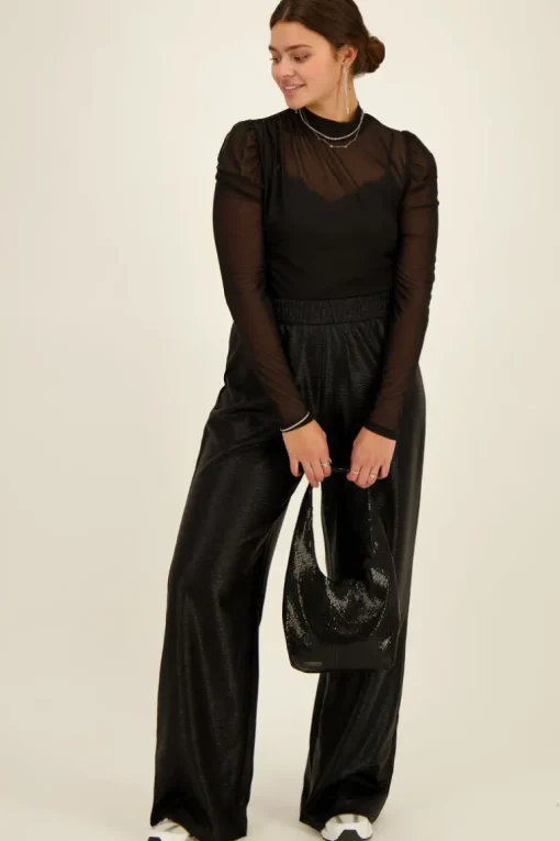 Zwarte Metallic Broek Wide Leg