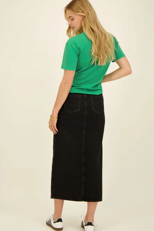 Zwarte Midi Denim Rok Met Split