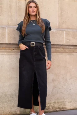 Zwarte Midi Denim Rok Met Split