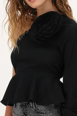 Zwarte One-shoulder Top Met Bloem