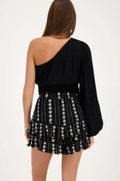 Zwarte One-shoulder Top Met Smock En Tapes