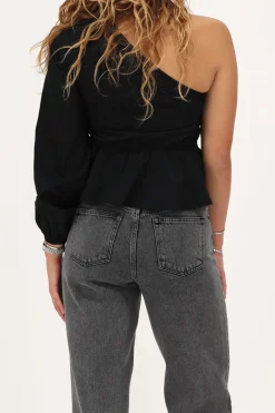 Zwarte One-shoulder Top Met Bloem