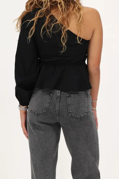 Zwarte One-shoulder Top Met Bloem