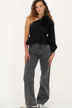 Zwarte One-shoulder Top Met Bloem