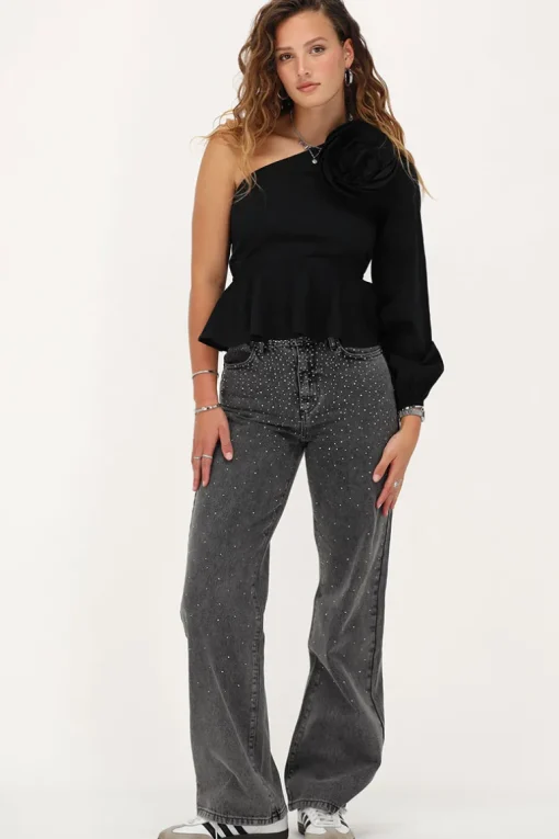 Zwarte One-shoulder Top Met Bloem