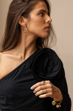 Zwarte One-shoulder Top Met Bloem