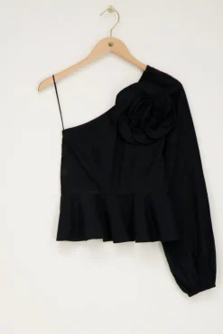 Zwarte One-shoulder Top Met Bloem