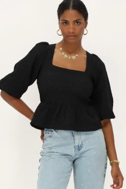 Zwarte Top Met Jacquard En Peplum