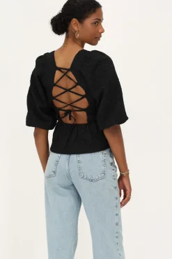 Zwarte Top Met Jacquard En Peplum