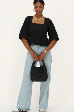 Zwarte Top Met Jacquard En Peplum