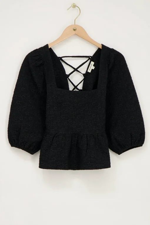 Zwarte Top Met Jacquard En Peplum