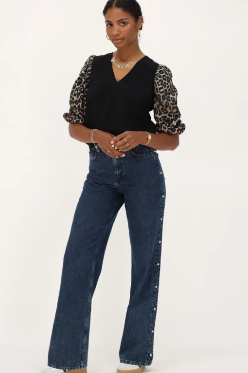 Zwarte Top Met Panterprint Mouwtjes