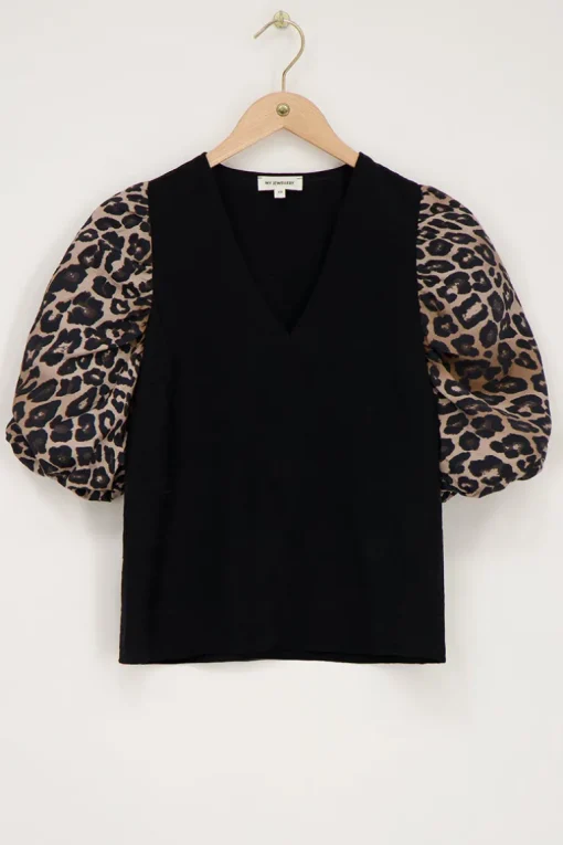 Zwarte Top Met Panterprint Mouwtjes