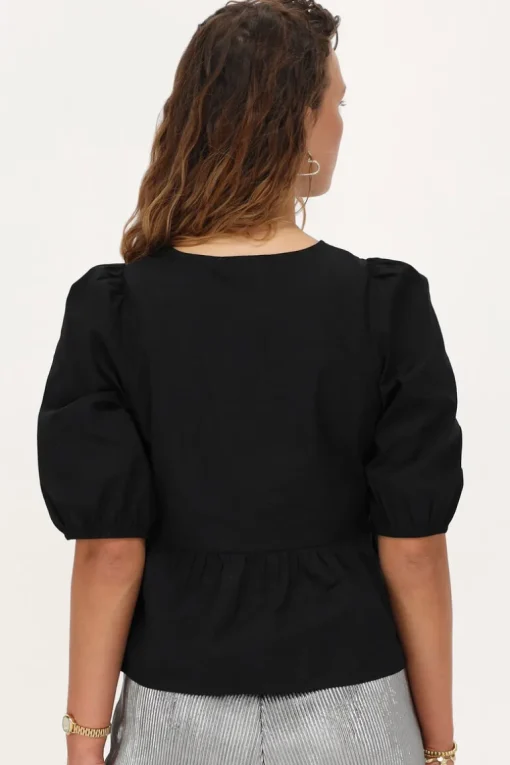 Zwarte Top Met Strikjes En Pofmouwen
