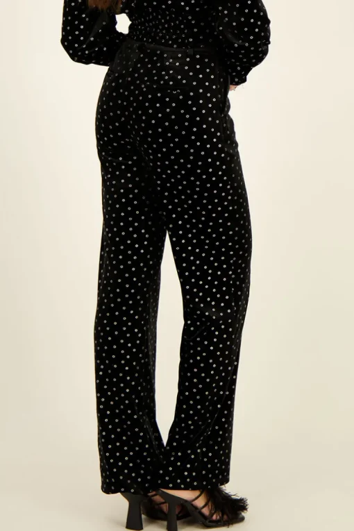 Zwarte Velvet Broek Met Zilveren Bloemen