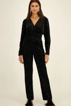 Zwarte Velvet Broek Met Zilveren Bloemen