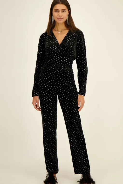 Zwarte Velvet Broek Met Zilveren Bloemen