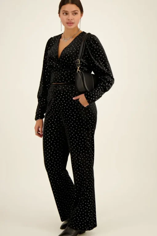 Zwarte Velvet Broek Met Zilveren Bloemen